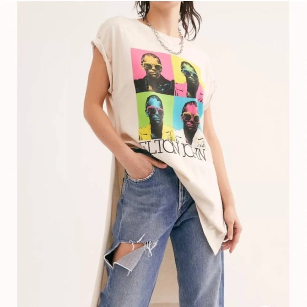 Free People x Daydreamer Elton John High Low Tee - Picture 1 of 5